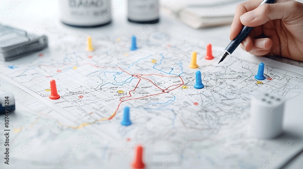 Aufkleber detailed geographic map with red blue and yellow markers a hand holding a pen nearby indicating acti