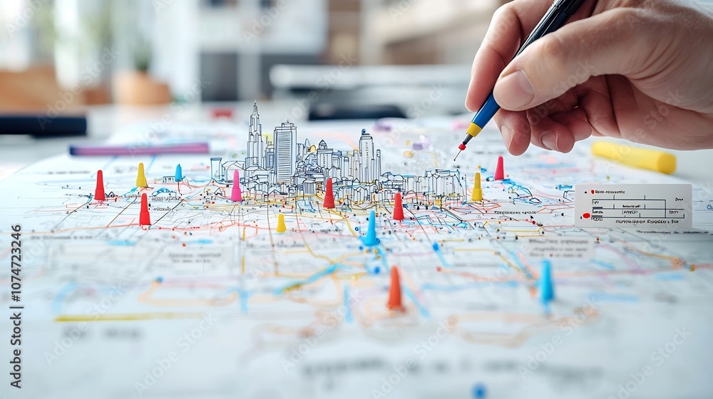 Poster Detailed aerial map view showcasing vibrant red blue and yellow markers with a hand actively using a pen to mark various points of interest for navigation analysis and strategic planning