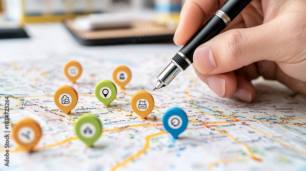 Poster Colorful location markers on a digital map with a hand using a pen symbolizing the personalized process of navigation travel route setting and journey planning
