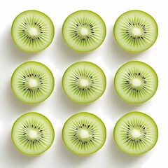 Fototapeta premium Flat Lay of Kiwi Slices Arranged in a Pattern on White Background