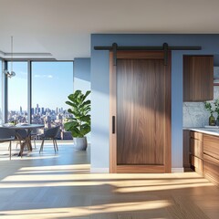A kitchen with a wooden door and a window