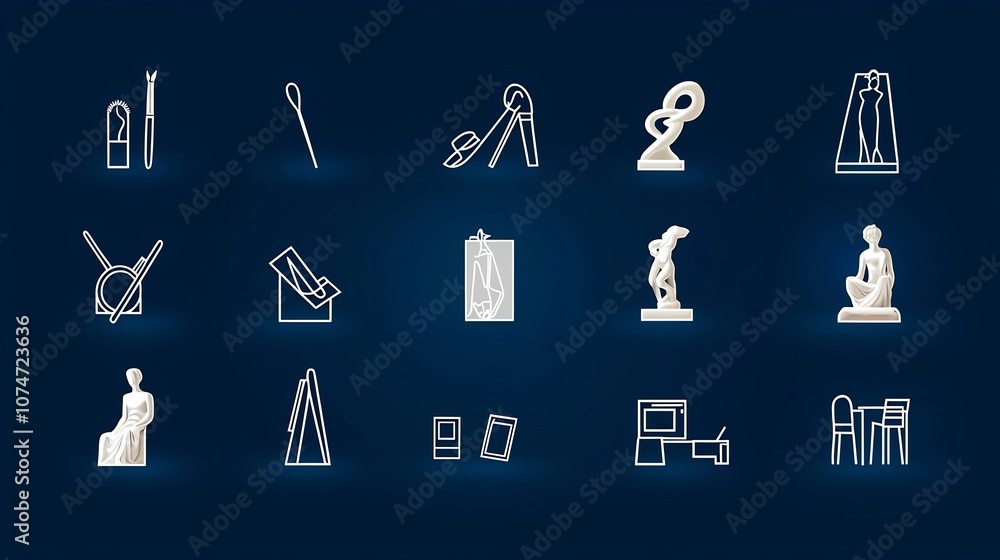 Poster a set of minimalist line style icons depicting the essential tools sculptures and statues that embod