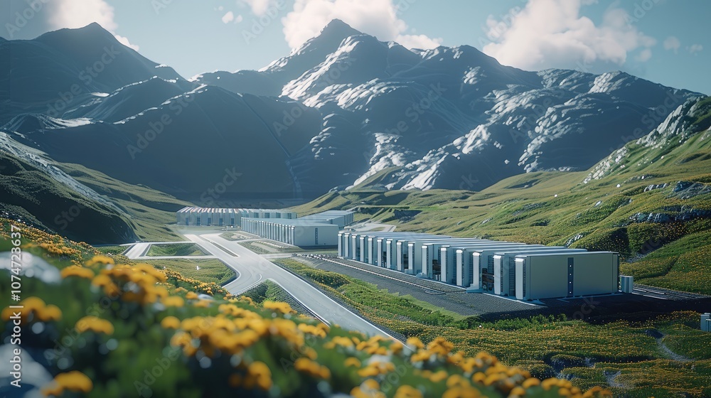 Poster A server farm in a valley with an access road. taken from an elevated position.