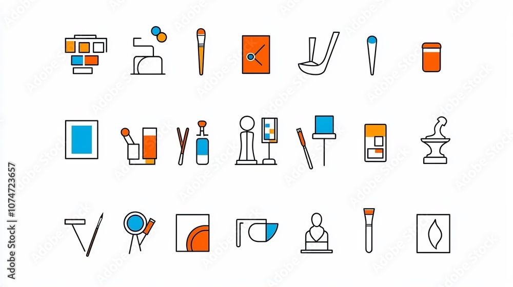 Poster minimalist line style icons depicting symbols and tools associated with the art world including tool