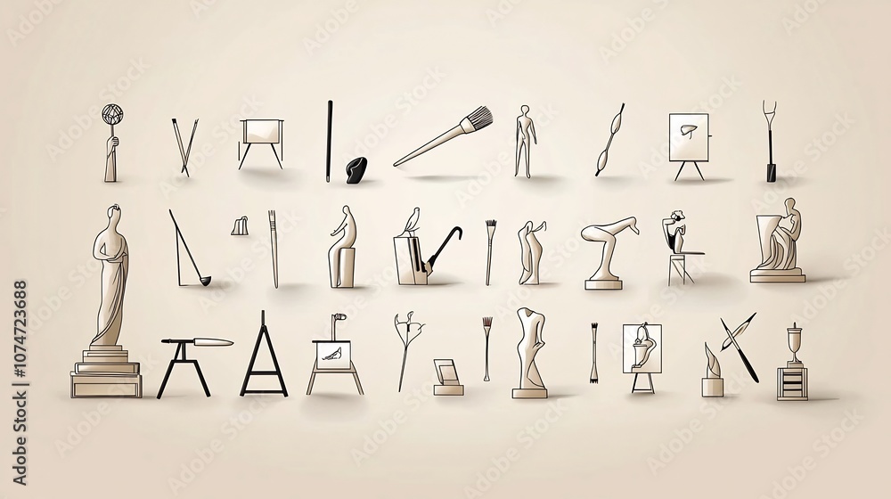 Poster minimalist line style icons representing essential elements of the art world including sculptor tool