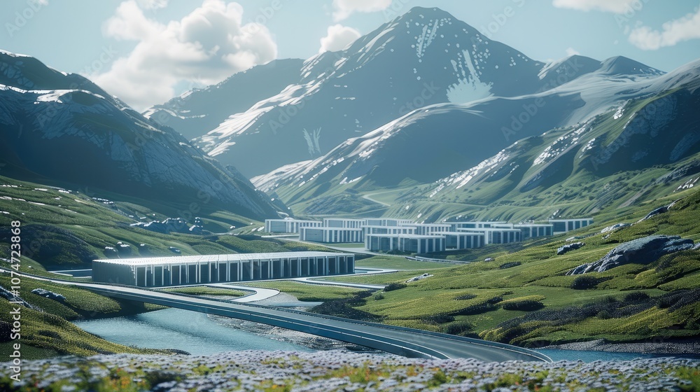Aufkleber a server farm in a valley with an access road. taken from an elevated position.