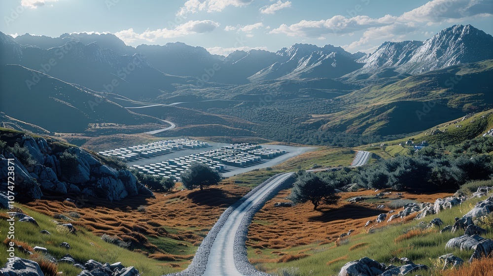 Poster a server farm in a valley with an access road. taken from an elevated position.