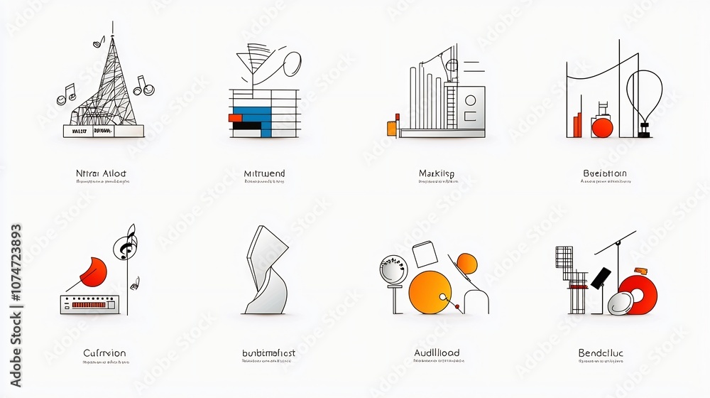 Poster set of art inspired line icons featuring symbols and elements related to architecture sculpture and 