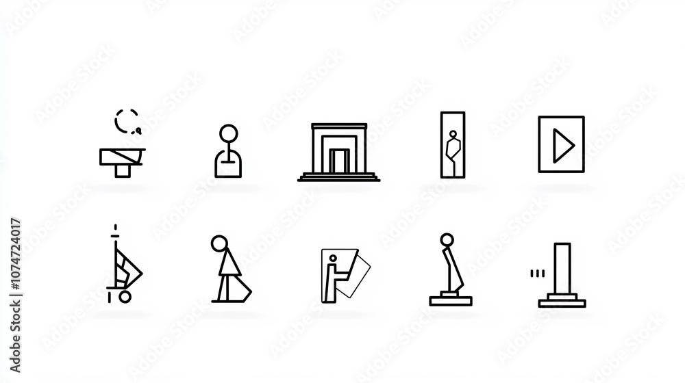 Poster set of minimalist icons in a clean line art style symbolizing and visualizing various art concepts s