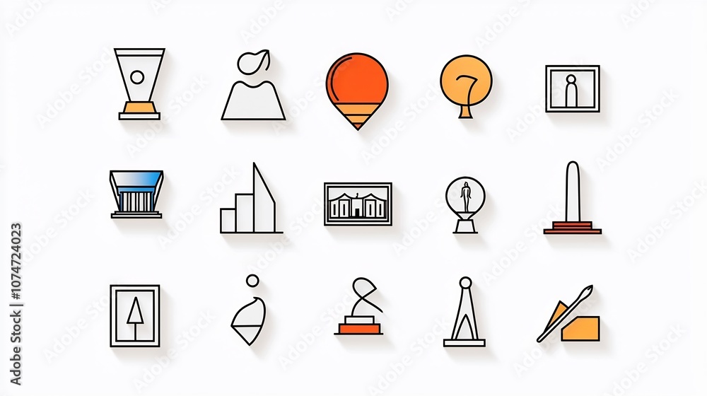 Poster minimalist icons in a clean line art style depicting various art related concepts such as sculptures
