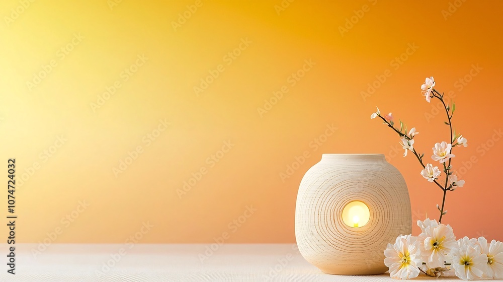 Fototapete Glowing clay oil lamp radiating warm light with intricate circular and line patterns flowing around it symbolizing energy and harmony  Delicate flowers are placed beside the lamp
