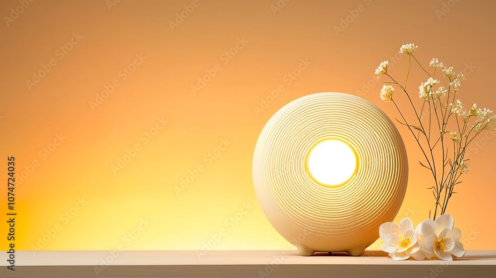 Poster radiant clay oil lamp with intricate circular and line patterns flowing around it symbolizing energy