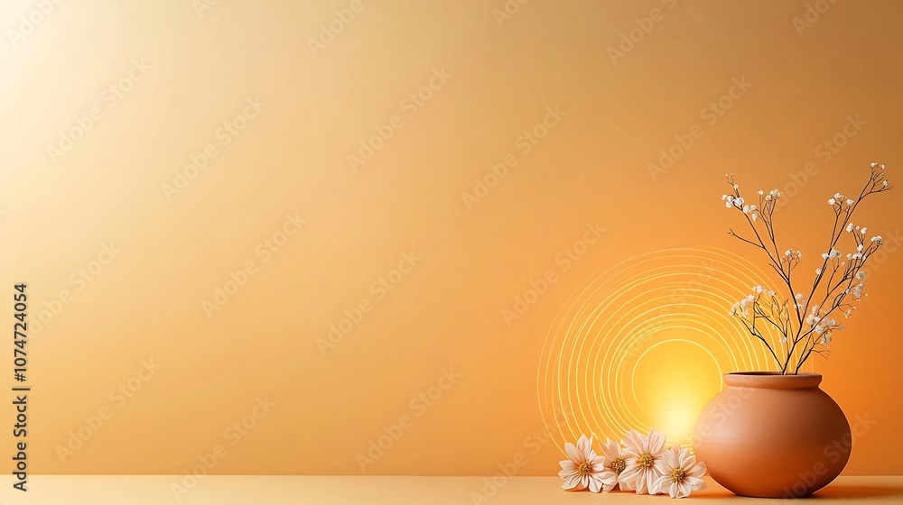 Poster Captivating clay oil lamp radiating warm soothing light adorned with intricate circular and line patterns flowing around it symbolizing energy and harmony  Delicate flowers placed beside the lamp