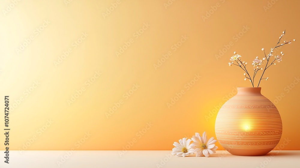 Poster Radiant clay oil lamp with intricate circular and line patterns flowing around it symbolizing energy and delicate flowers placed beside it