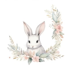 Obraz premium Rabbit and flower frame watercolor drawing animal mammal.