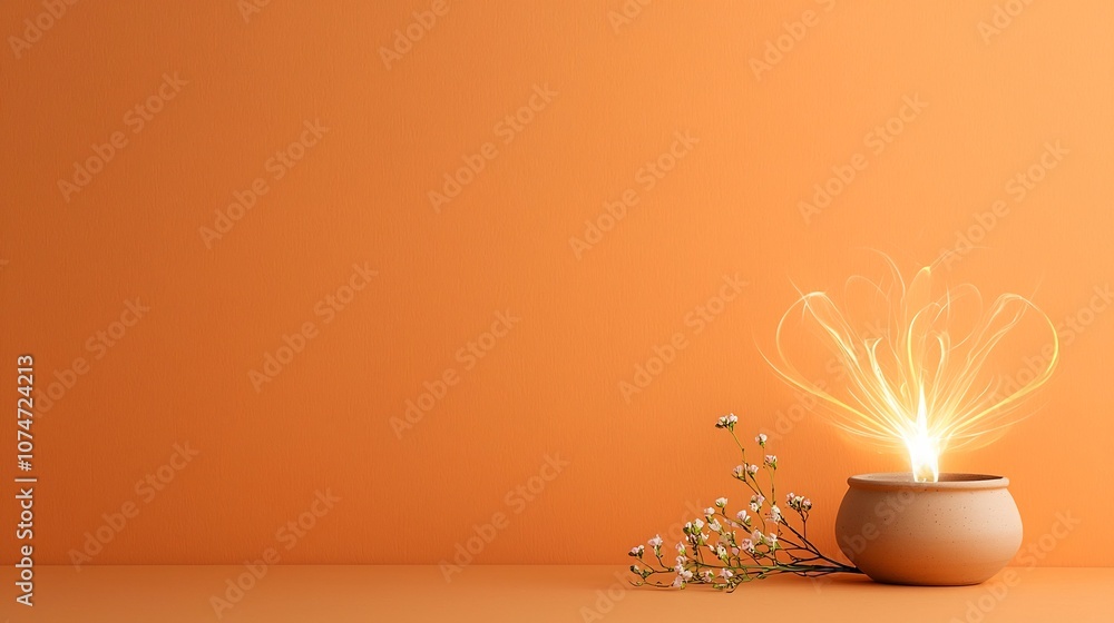 Poster Rustic handmade clay oil lamp with radiating light and swirling energy patterns accompanied by tiny flowers set against a warm orange gradient background that enhances the cozy