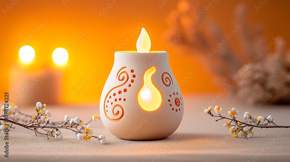 Poster Warmly glowing clay lamp with decorative swirls and dots around it surrounded by small flowers on a softly blended background of orange and yellow to emphasize the flame and create a cozy