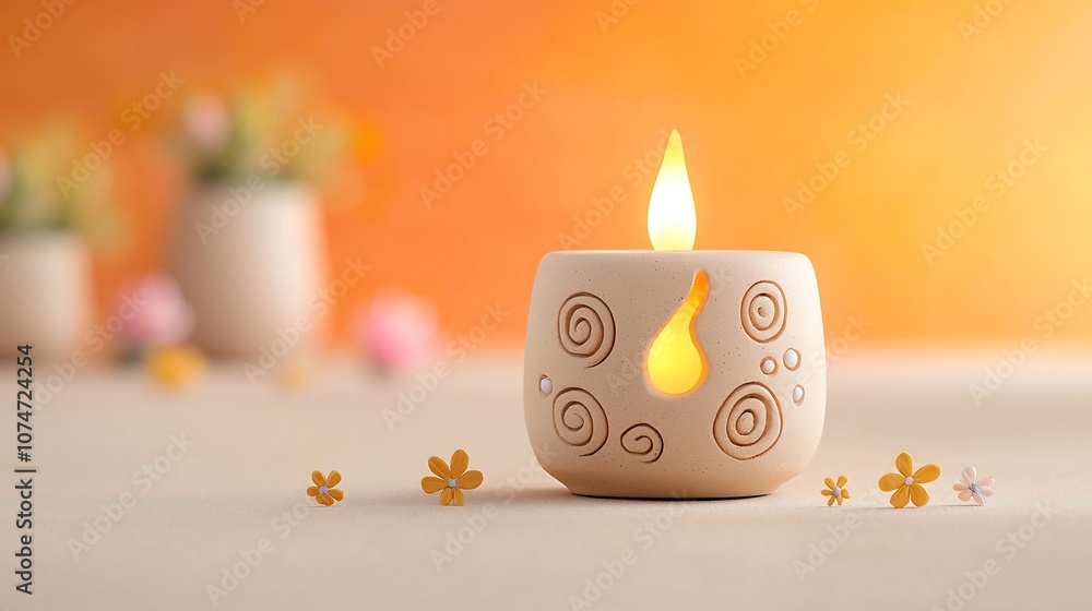 Aufkleber Warmly Glowing Decorative Clay Lamp with Swirling Patterns and Dots Surrounded by Small Flowers on a Softly Blended Orange and Yellow Background Creating a Cozy and Inviting Ambiance