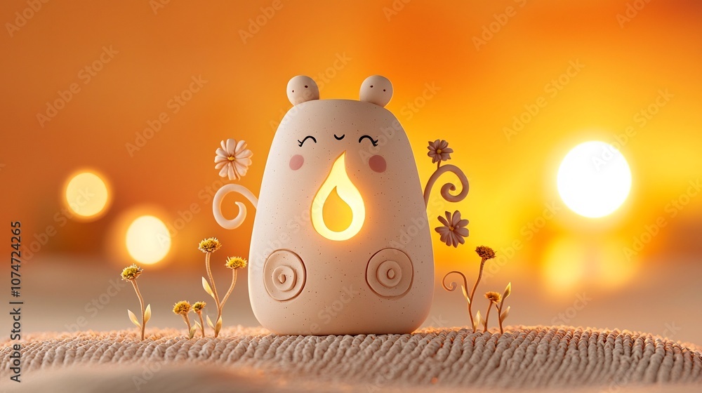 Poster Warmly glowing clay lamp with intricate swirls and dotted patterns surrounded by small delicate flowers