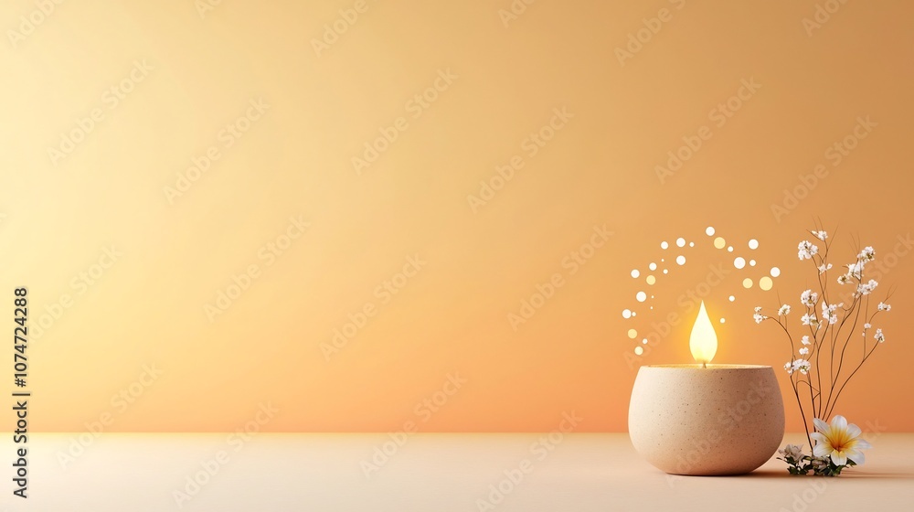 Aufkleber Earthen ceramic lamp with a gentle flame encircled by dots and swirls symbolizing floating energy with small flowers beside it set against a warm