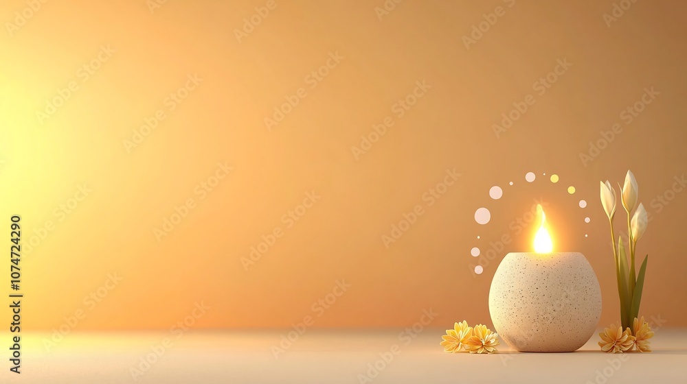 Poster Earthen lamp with a gentle flame encircled by dots and swirls symbolizing floating energy with small flowers beside it set against a warm soft gradient background in shades of orange and yellow