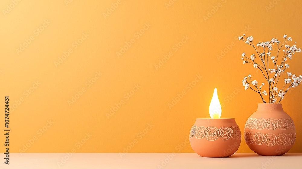 Poster warm and radiant traditional clay lamp with a bright flame surrounded by circular patterns and delic