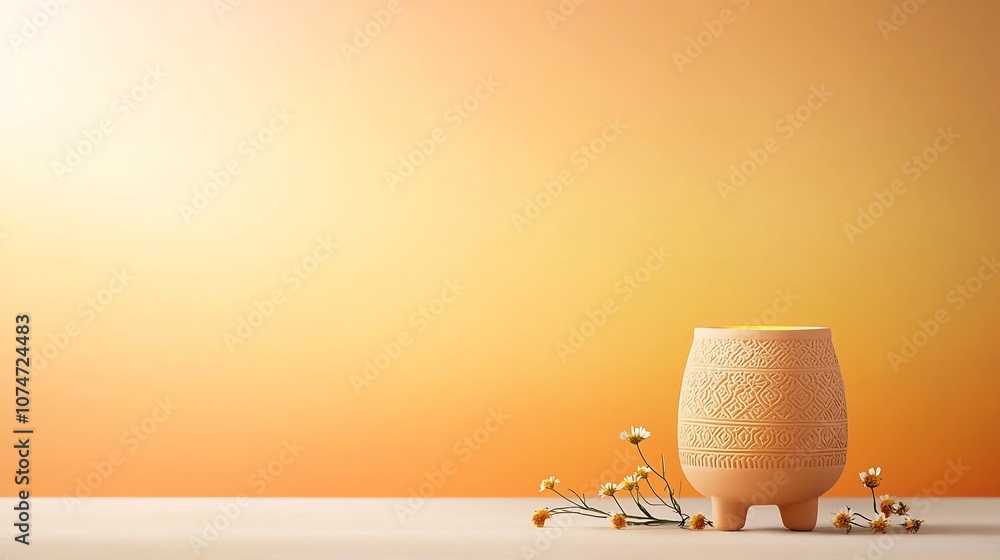 Poster warm and inviting clay oil lamp with intricate patterns and surrounding tiny flowers on a gradient b