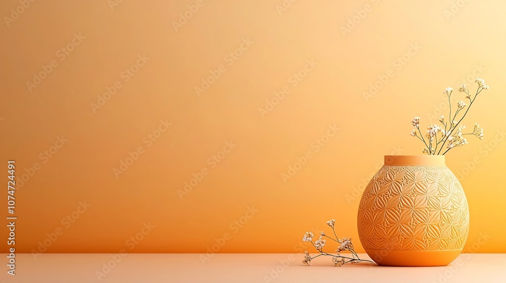 Poster Intricately patterned clay oil lamp emitting a warm captivating glow set against a gradient background of vibrant orange and yellow tones with delicate flowers adding a touch of natural elegance