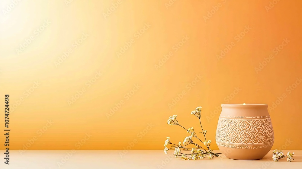 Poster warm and cozy clay oil lamp with intricate decorative patterns surrounded by tiny flowers on a gradi