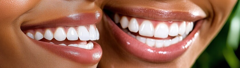 Obraz premium Close-Up of Two Smiling Women Showcasing Healthy Teeth and Joyful Expressions Amidst Lush Greenery in a Bright and Cheerful Setting