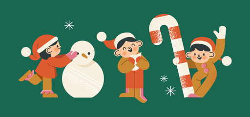 Elves in costumes with Christmas elements. Cute children in hats with a snowman. Characters are Santas helpers with candy. Vector illustration. Isolated design elements