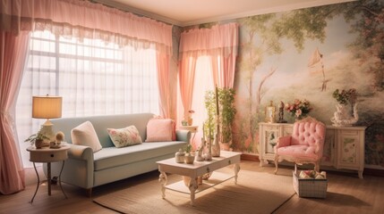 Cozy Living Room with Pink Accents and a Mural