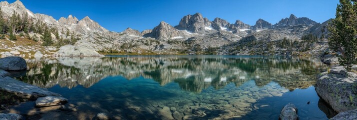 A beautiful lake with mountains in the background. The water is calm and clear