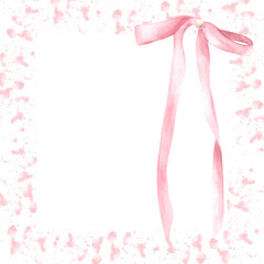 Pink bow on watercolor spot, stain rose coloured background. Rosa hair ribbon, Girl coquette style square frame, template for label, invitation, greeting card Hand drawn illustration. Isolated clipart