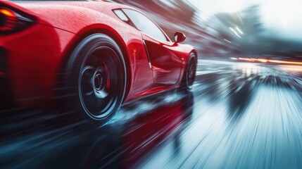 Obraz premium Red Sport Car Blurs in Rain