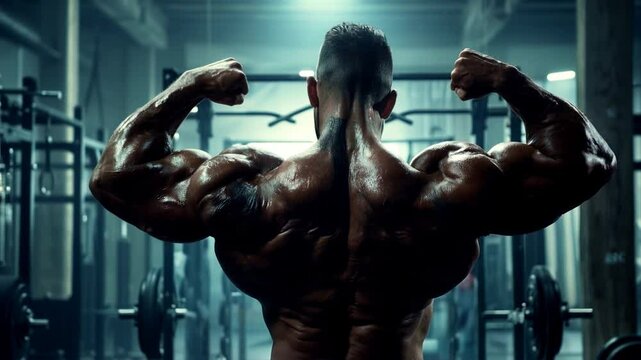 Bodybuilder man with a Muscular Back in a Gym. Intense Scene Highlighting Strength, Determination, and Sweat During a Workout. Video Made Using Generative AI