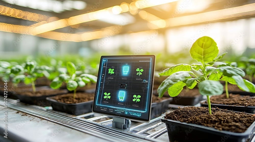 Aufkleber ai powered smart greenhouse with digital temperature display and soft light accents highlighting inn