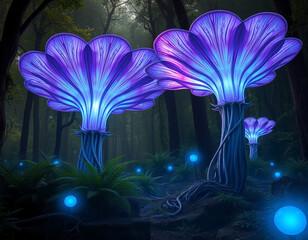 landscape with flowers fantastical forest scene where enormous flowers with iridescent purple petals tower over the landscape. 