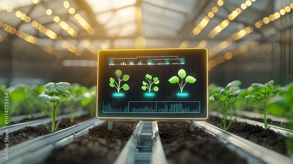 Poster AI powered dashboard monitoring crop health in a greenhouse featuring golden lighting effects and elegant bokeh in the background