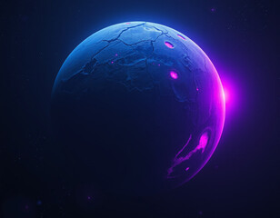 Naklejka premium earth in space haunting scene of a planet with an uneven, cracked surface, dimly bathed in unnatural shades of violet and blue. Soft, ghostly pink light highlights sections of the terrain,