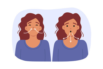 Woman breathing deeply demonstrates how to relieve stress by inhaling through nose and exhaling through mouth. Positive lady is trying to restore mental state using breathing exercises