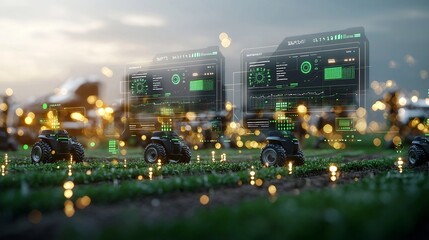 Cutting Edge Interface Showcasing Real Time Agricultural Analytics and Data Visualization Set Against a Backdrop of Beautiful Bokeh and Golden Light Flares Depicting the Future of Farming Technology