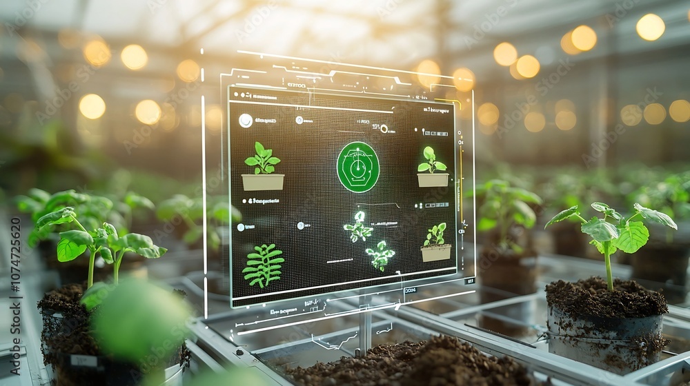 Aufkleber AI powered greenhouse management system displaying real time sensor data amidst warm golden bokeh lighting highlighting modern agricultural solutions and technological optimization