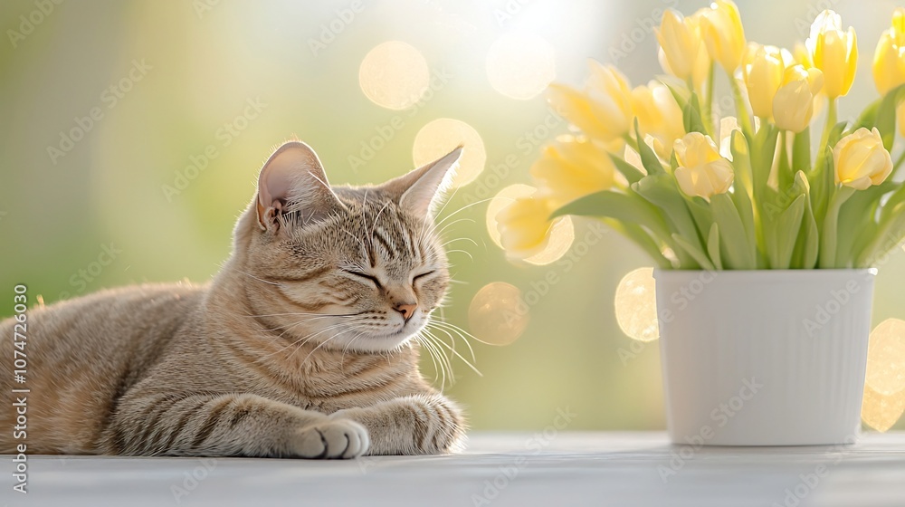 Aufkleber relaxed and content feline pet lounging in a cozy warm and serene setting with soft golden light and