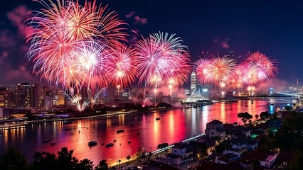 Panoramic Night View of a Cityscape with Vibrant, Multicolored Fireworks Lighting Up the Sky, Their Reflections Glistening Over a Nearby River
