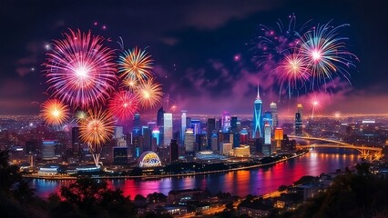 Panoramic Night View of a City Skyline with Vibrant, Multicolored Fireworks Lighting Up the Sky, Casting a Warm Glow Over the Cityscape and Reflecting on a Nearby River