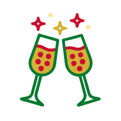 Fototapeta premium Two clinking glasses of sparkling drink with festive stars and celebration mood, Christmas red green gold color scheme