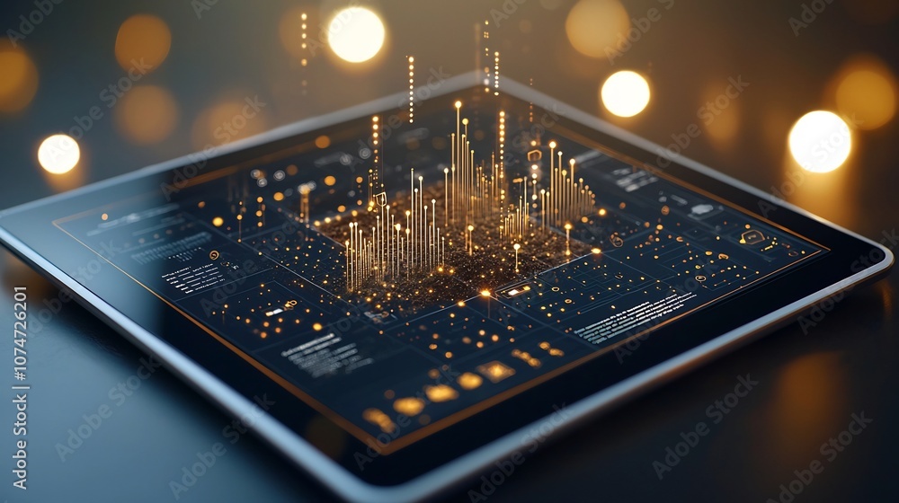Poster Advanced AI driven soil moisture analysis and data visualization displayed on a tablet device with soft golden bokeh and light flares