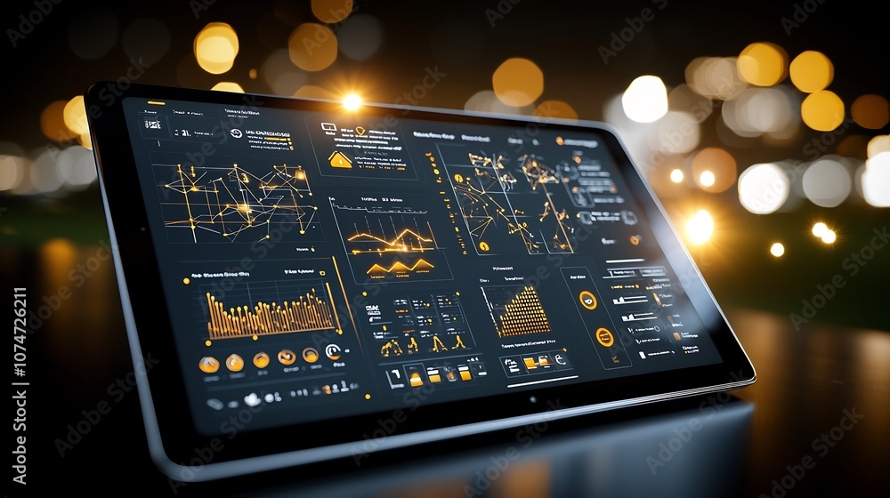 Poster Innovative AI driven Soil Moisture Analysis System Displayed on Tablet Device with Soft Golden Bokeh and Light Flares Representing Cutting edge Data driven Agricultural Solutions