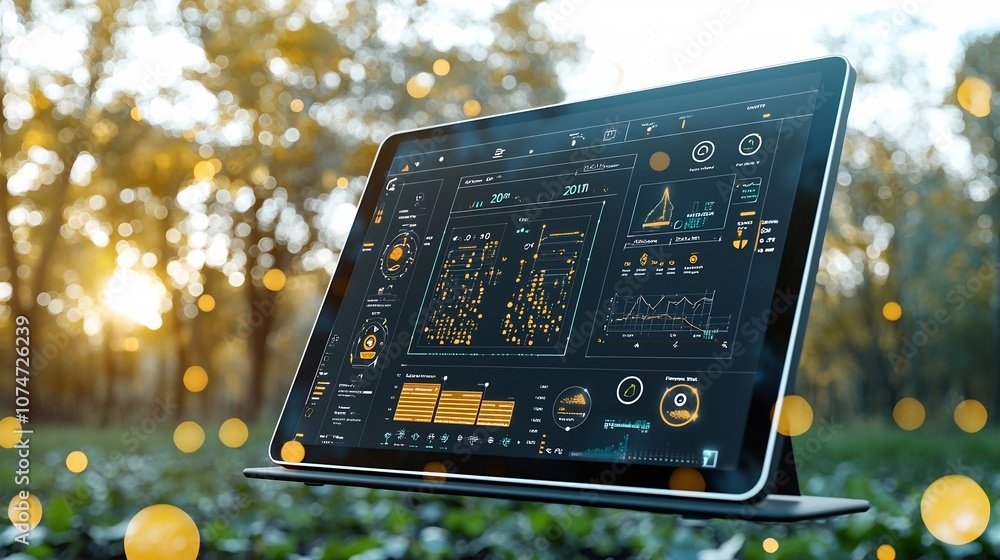 Poster Advanced digital tablet displaying real time soil moisture data surrounded by beautiful bokeh and golden light flares